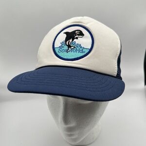 Vintage Sea World Trucker Hat‎ Mens Blue White Snapback Breathable Mesh Cap 90s